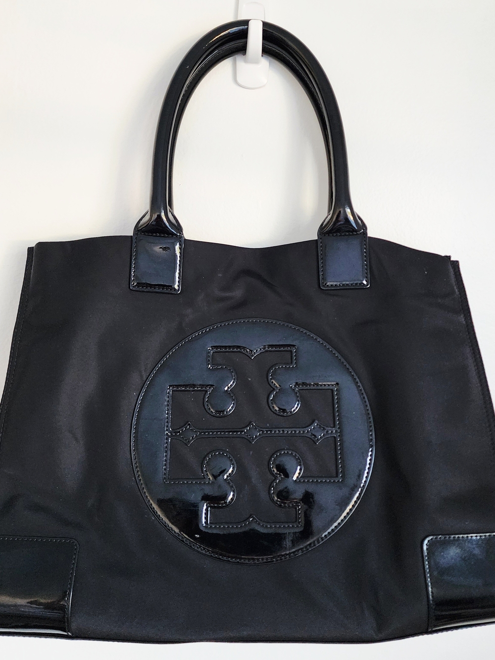 Tory Burch Black Nylon Patent Leather Large Ella Tote Bag Y2K
